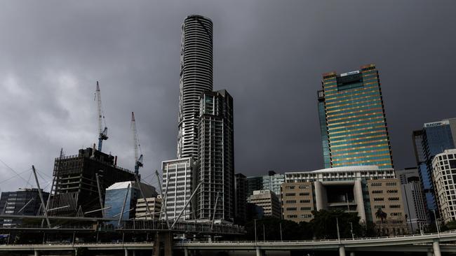 Rain clouds approaching Brisbane on Tuesday afternoon. Picture Lachie Millard