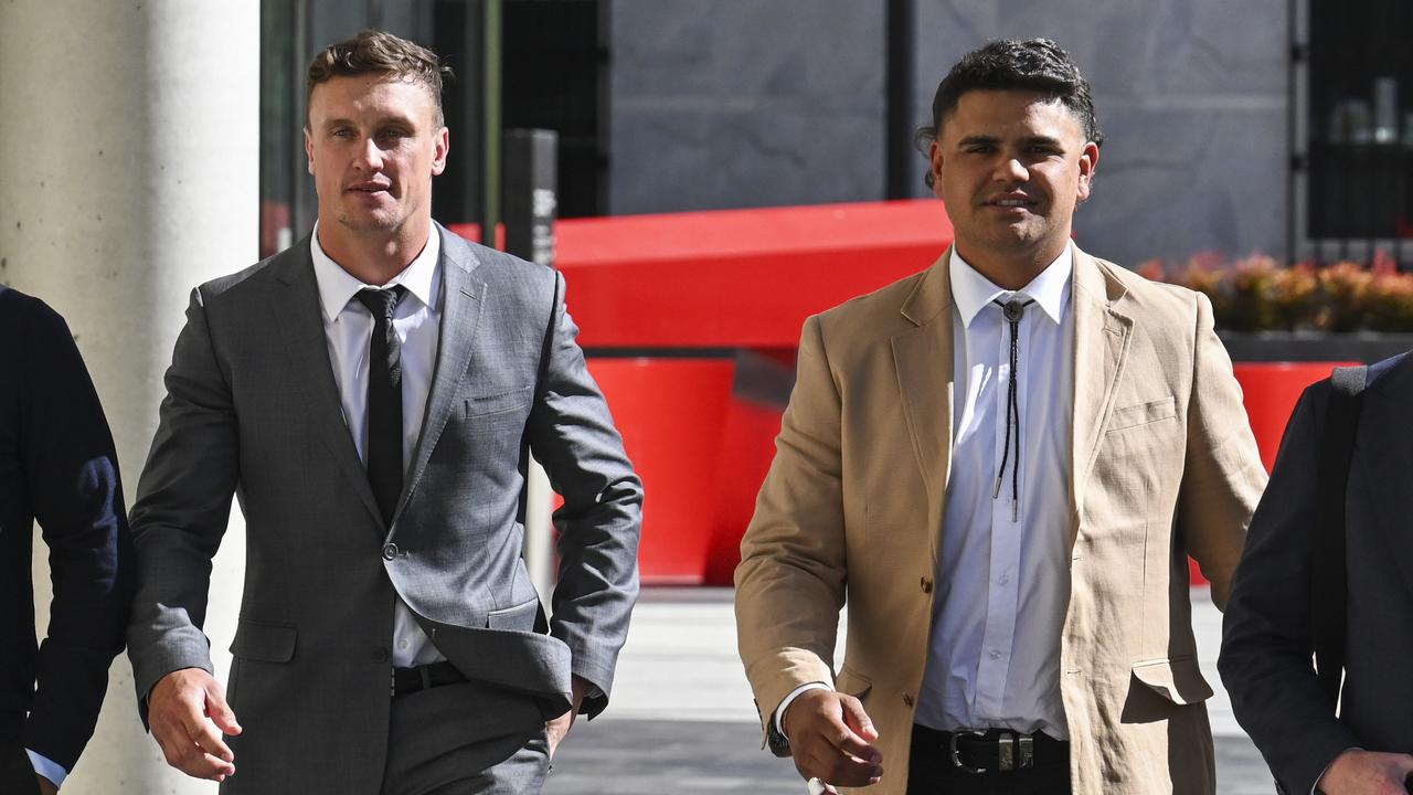 Sydney star Latrell Mitchell and Raiders player Jack Wighton leave the ACT Magistrate's court after the second day in Canberra. Picture: NCA NewsWire / Martin Ollman