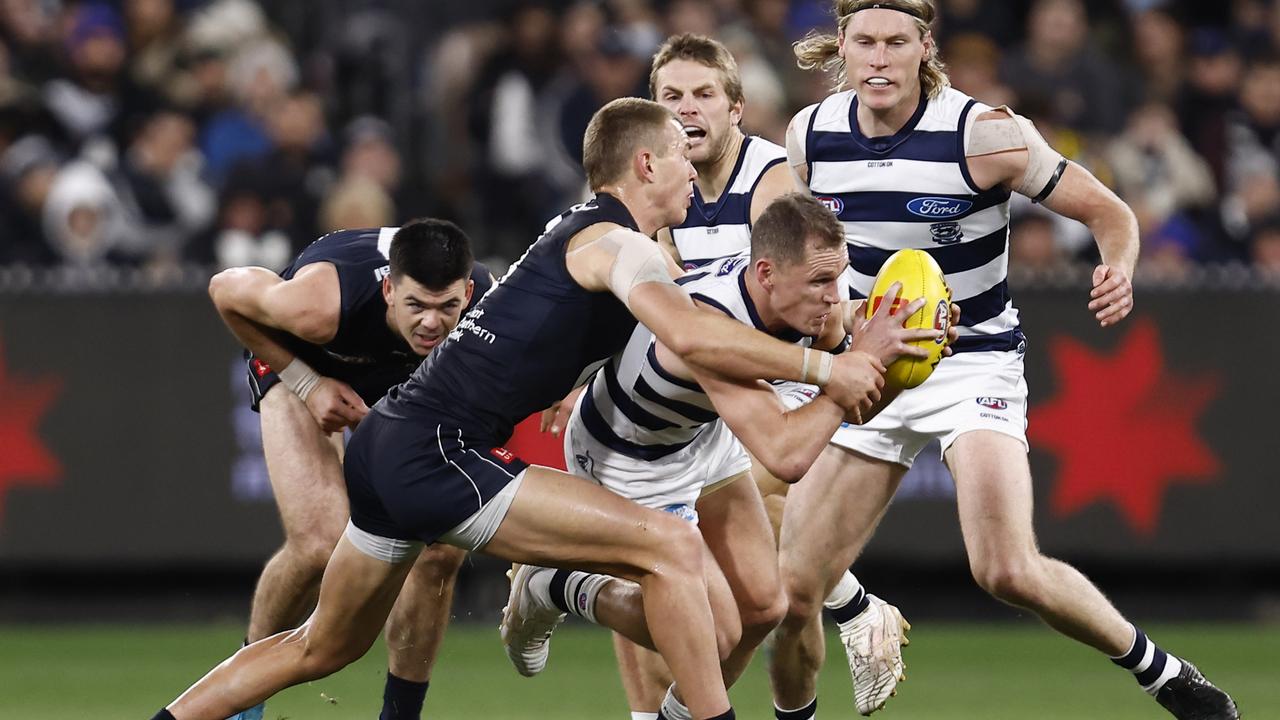 Joel Selwood goes hard at a ball against Carlton last weekend (Photo by Darrian Traynor/Getty Images)