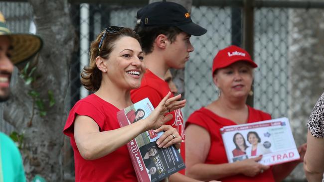 Former Deputy Premier Jackie Trad campaigning in South Brisbane on election day. Picture: Jono Searle/Getty Images