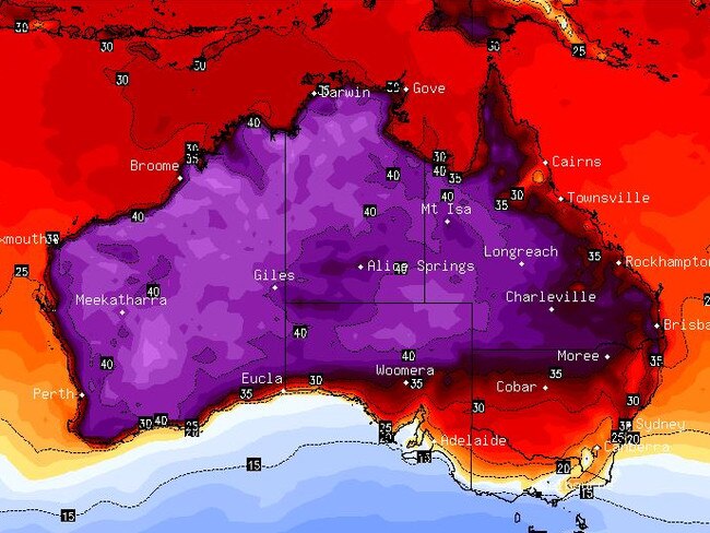 That's a lot of purple. The weather map for Frioday shows how widesrpad th eheart will be, and that Tsmanai and parts of Voctoria will escape it compeltely. Picture: BSCH.