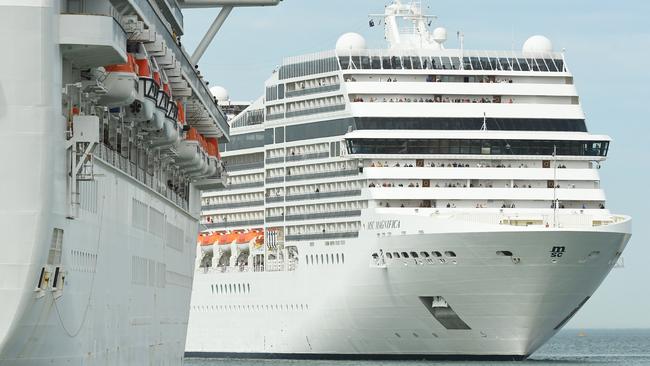 The MSC Magnifica cruise ship, right, at Station Pier in Melbourne last Thursday. Picture: AAP