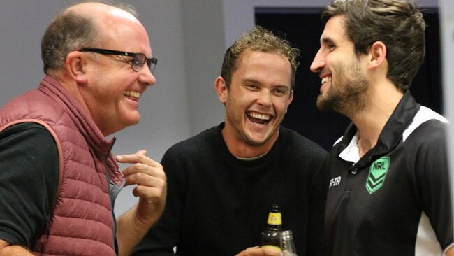 John Topp, left, Jacob Whitehouse and Nick Pelgrave share a laugh. Picture: Colleen Edwards / QRL