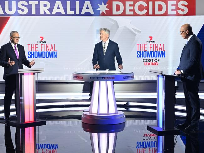 NCA 2025 FEDERAL ELECTION BUS. 27/04/2025. Australian Prime Minister Anthony Albanese and Australian Opposition Leader Peter Dutton speak during the 7NEWS 