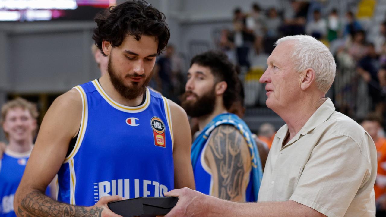 The Bullets’ Tyrell Harrison receives the Ray Borner Medal for the most valuable player at the 2024 NBL Blitz. Picture: Russell Freeman/Getty Images.