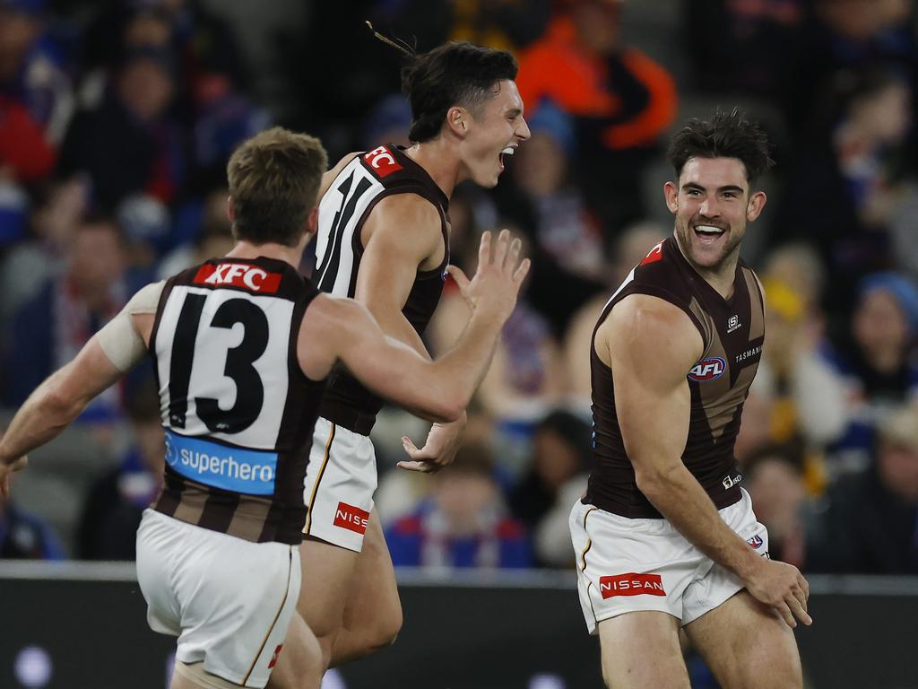 The Hawks celebrate a Jai Newcombe goal. Picture: Michael Klein