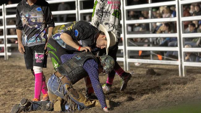 The 13 year-old girl was helped by some rodeo clowns after the fall and walked out of the ring on her own on Saturday, June 12, at Tabulam. Photo: Daniel Cohen - dcsportsphoto.com.au