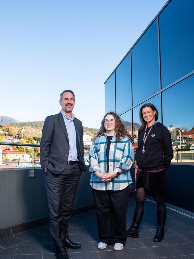MyState CEO Brett Morgan, Morgan Rowbottom and Home Base CEO Dianne Underwood. . Picture: Linda Higginson