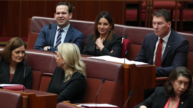 Jacqui Lambie sits between Matt Canavan and Cory Bernardi during the final vote on medivac repeal. Picture: Kym Smith