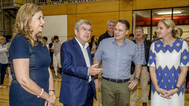 IOC president Thomas Bach with Queensland Premier Annastacia Palaszczuk, Lord Mayor Adrian Schrinner and Kirsty Coventry visiting Yeronga Park Sports Centre.- Picture: Richard Walker