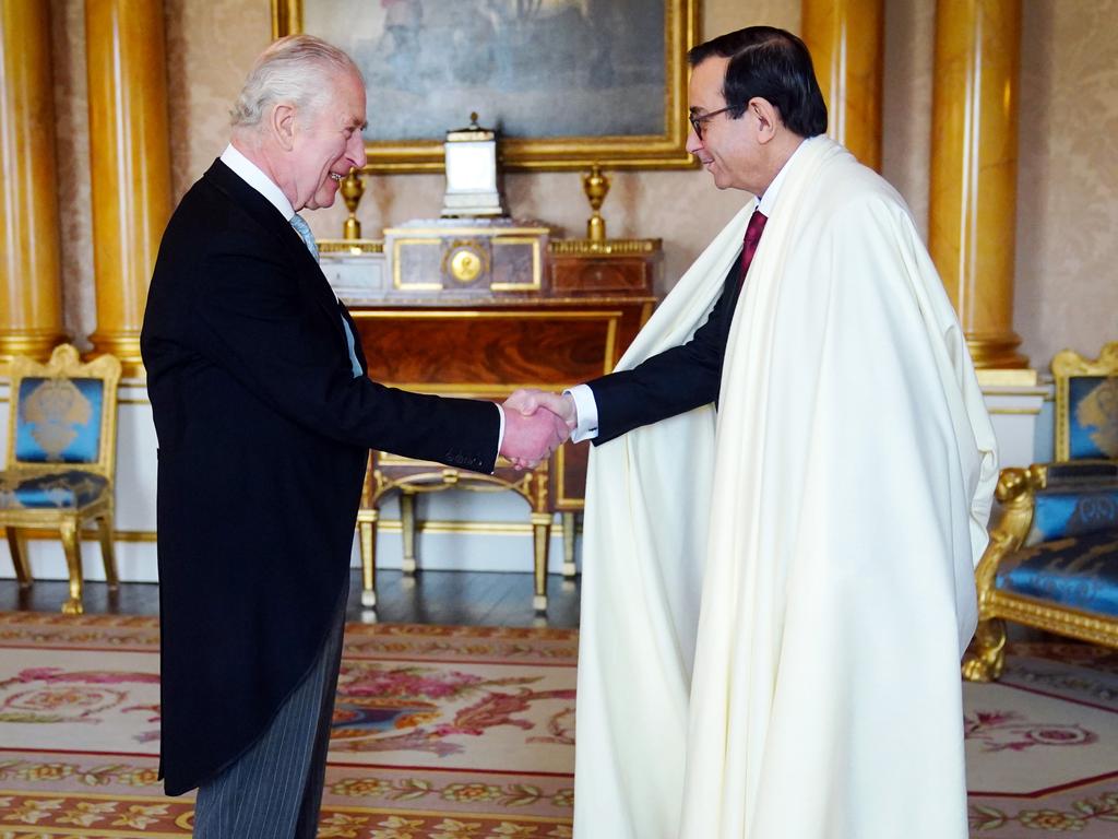 The Ambassador of Algeria, Nourredine Yazid, shakes hands with King Charles III during a private audience at Buckingham Palace. Picture: Getty Images