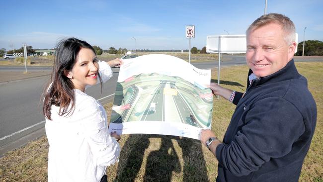 State Infrastructure Minister Jeremy Rockliff and then-Liberal candidate Jane Howlett announcing temporary measures to reduce traffic congestion at the Hobart Airport roundabout in April 2018. Picture: PATRICK GEE