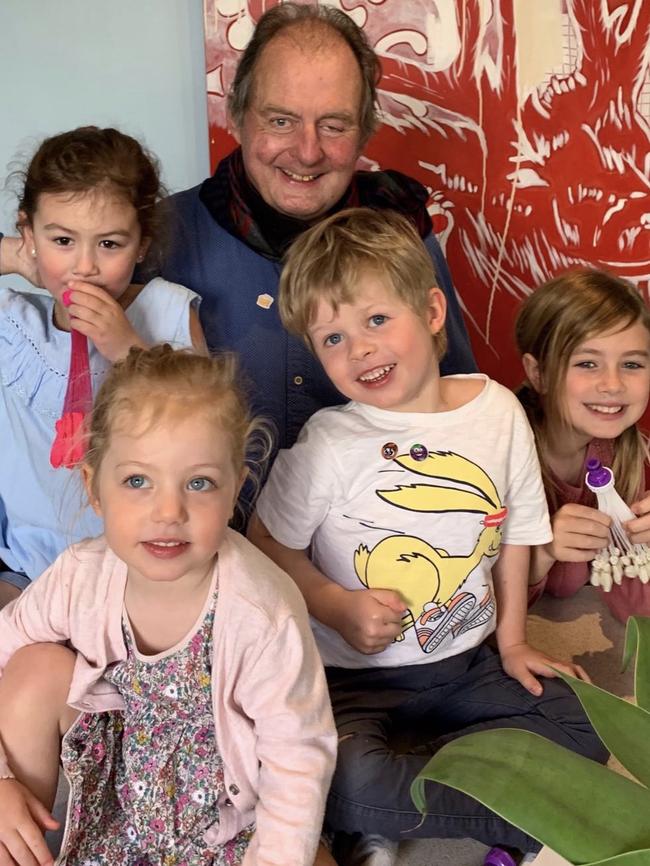 John Fordham with grandkids Coco, Pearl, Freddy and Maisie on his 75th birthday in September – before the birth of his 5th grandchild Goldie. Supplied by Nick Fordham