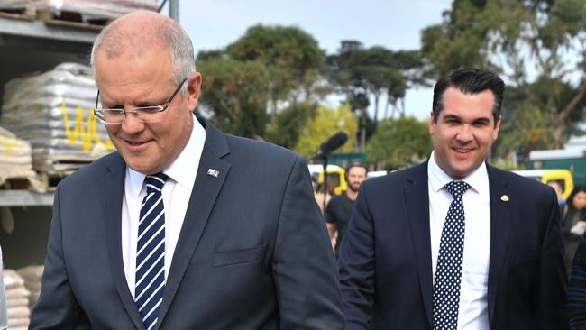 Michael Sukkar, right, with Scott Morrison. The assistant treasurer’s plan to increase red tape could destroy the PM. Picture: AAP