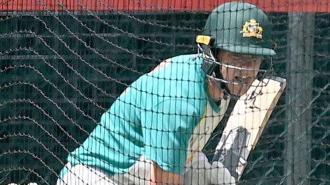 Marcus Harris prepares for his Test return in the Gabba nets.