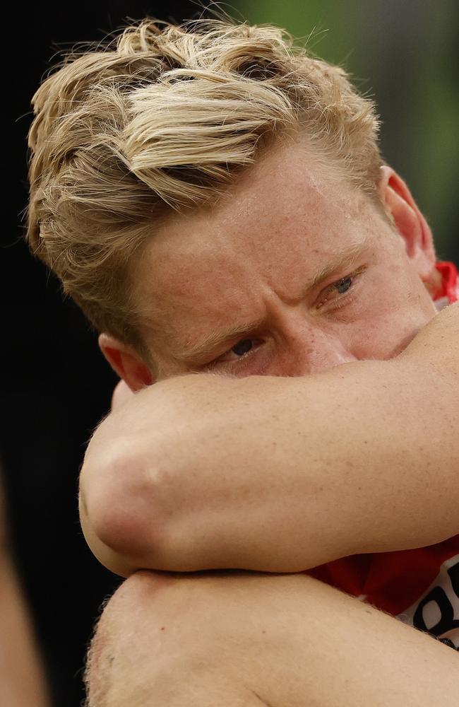 A shattered Heeney during Brisbane’s premiership ceremony.