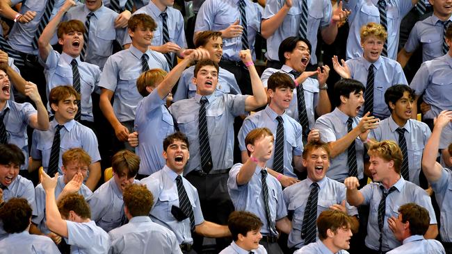 Brisbane Grammar school support their team. Action from the GPS swimming championships. Thursday March 10, 2022. Picture, John Gass