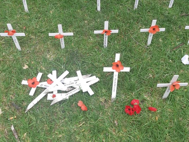 Dozens of memorial crosses at the RSL's Field of Remembrance near the National War Memorial on North Terrace have been vandalised in the lead-up to Remembrance Day. Picture: Supplied