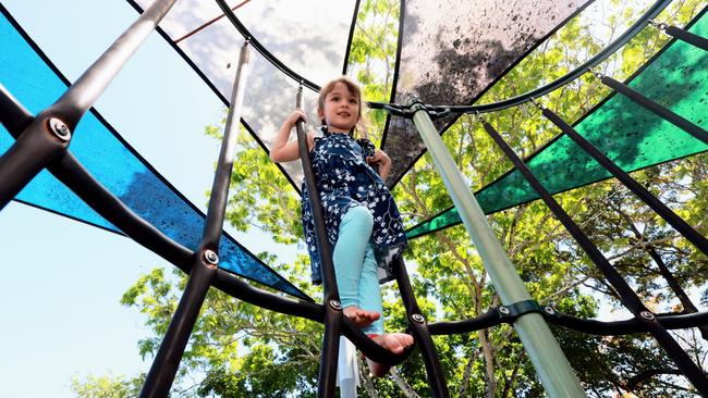 Matilda Rose Haines, 3, of Trinity Beach has some fun playing outside on a sunny day at the pirate ship playground on the Esplanade at Cairns North. Picture: Brendan Radke.