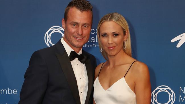 Lleyton Hewitt and Bec Hewitt arrive at the John Newcombe Australian Tennis Awards in Melbourne, Monday, November 26. 2018. (AAP Image/David Crosling) NO ARCHIVING