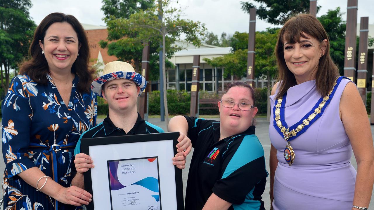 Australia Day ceremony and Raising of the Flag at Jezzine Barracks. Premier Annastacia Palaszczuk and Mayor Jenny Hill with Happy Feet dancers Gareth Wheatley and Celeste Thomas. Picture: Evan Morgan