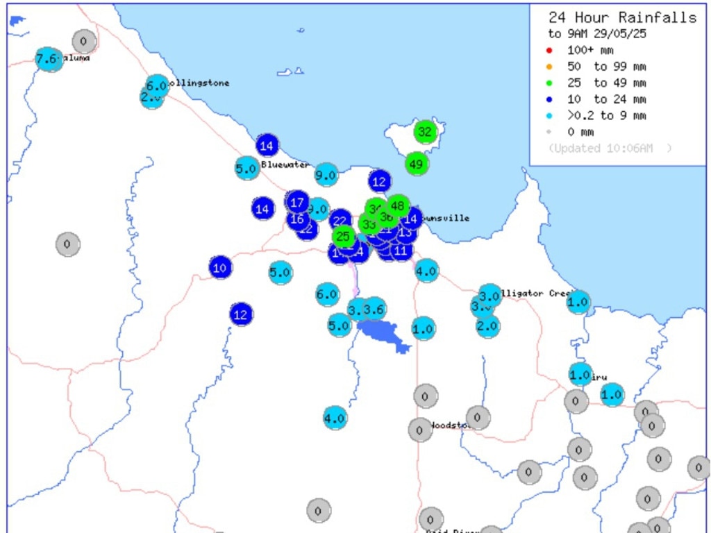 Twenty four hour rainfall totals for the Townsville region until 9am Thursday. Picture: BOM.