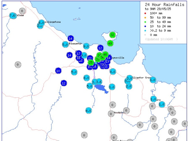 Twenty four hour rainfall totals for the Townsville region until 9am Thursday. Picture: BOM.