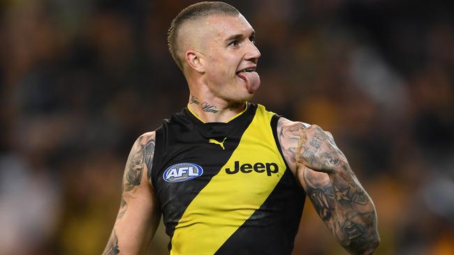 Dustin Martin of the Tigers reacts on the final siren during the First Qualifying Final between the Richmond Tigers and the Hawthorn Hawks in Week 1 of the AFL Finals Series at the MCG in Melbourne, Thursday, September 6, 2018. (AAP Image/Julian Smith) NO ARCHIVING, EDITORIAL USE ONLY