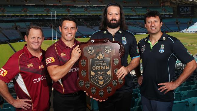 Woods at the Origin launch with Kevin Walters, Cooper Cronk with Laurie Daley. Photo: Phil Hillyard
