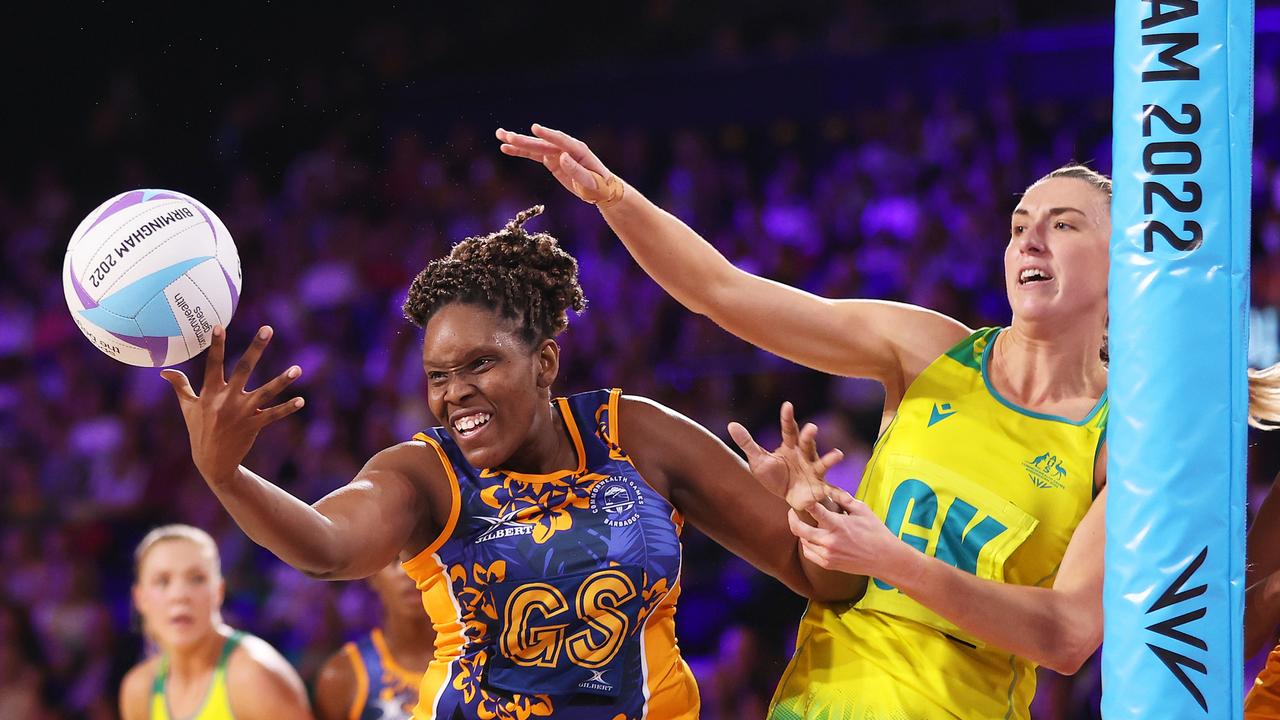 Sarah Klaubattles for the ball with Faye Agard during their clash on Day 1 of the Commonwealth Games. Picture: Mark Kolbe/Getty Images