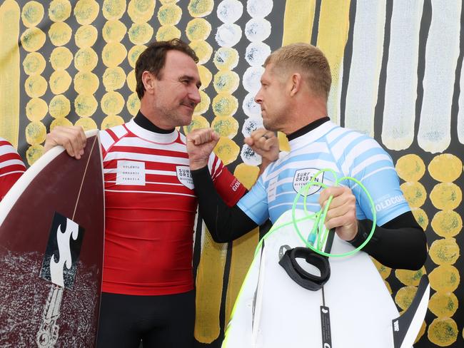 Mick Fanning and Joel Parkinson at the Surf of Origin at Burleigh Beach. Pic Annette Dew