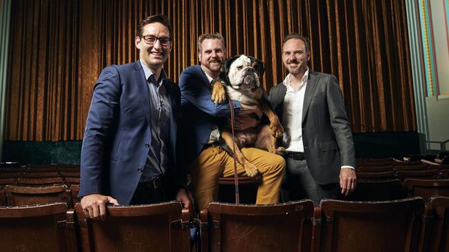 Macnamara federal Labor MP Josh Burns, The Astor Theatre manager Zak Hepburn with honorary mascot Kubrick and Palace Cinemas chief executive Benjamin Zeccola. Picture: Eugene Hyland