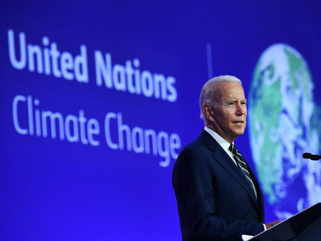 Joe Biden delivers a speech on stage during a meeting at the COP26 UN Climate Change Conference in Glasgow. Picture: AFP