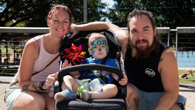 Cortny Donald, Dusty and Matt Thurtell as Territorians celebrating all things in 2024 at the Darwin Waterfront. Picture: Pema Tamang Pakhrin