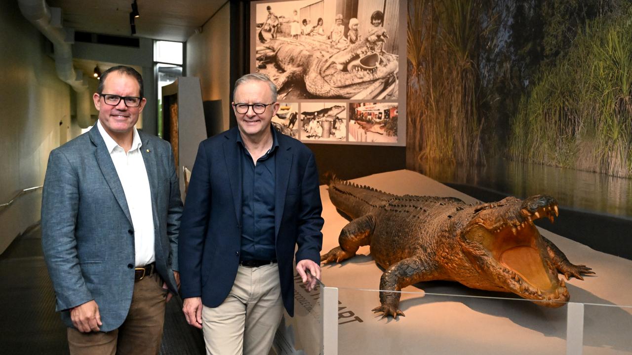 Prime Minister Anthony Albanese and Labor member for Solomon Luke Gosling at the Museum and Art Gallery Northern Territory on March 13, 2024. Picture: Lukas Coch/ Pool/ NCA NewsWire