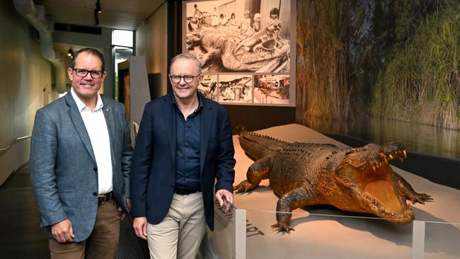 Prime Minister Anthony Albanese and Labor member for Solomon Luke Gosling at the Museum and Art Gallery Northern Territory on March 13, 2024. Picture: Lukas Coch/ Pool/ NCA NewsWire