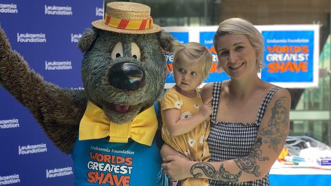 Humphrey B Bear is the Leukaemia Foundation's new "ambassa-bear". Elsie (Pink) and Indigo (yellow dress) are some of the Gold Coast University Hospital's youngest blood cancer patients. Picture: Amaani Siddeek