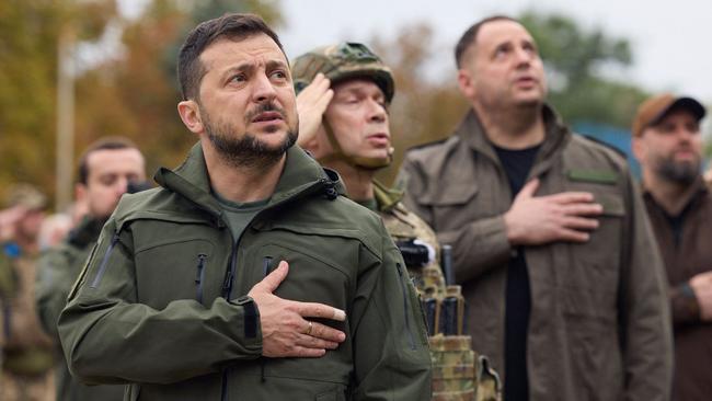 Ukrainian president Volodymyr Zelensky in the de-occupied city of Izyum. Picture: AFP