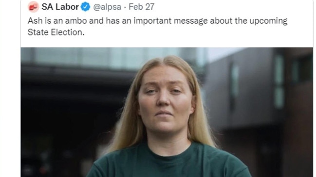 Twitter post of paramedic Ashleigh Frier, who appeared in Labor Party, campaign material.