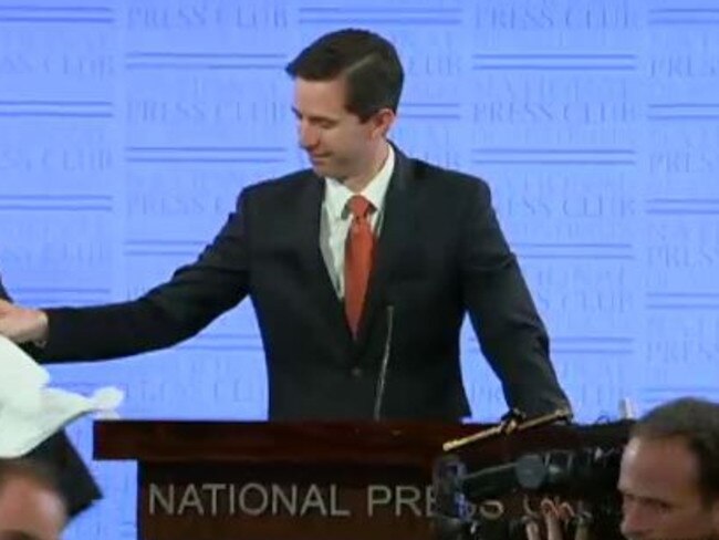 Education Minister Simon Birmingham was heckled at National Press Club address over the government’s university cuts. Picture: ABC.