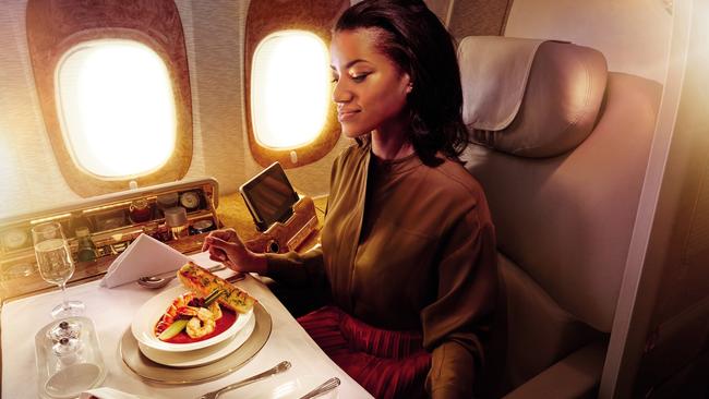 First Class dining on Emirates. Picture: Supplied (For ESCAPE story on airline food)