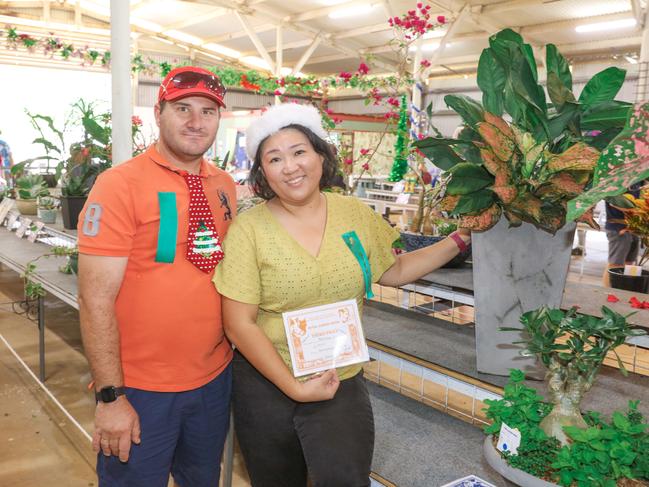 Michael and Nerissa Siriotis win third prize for their patio pot on day two of the Royal Darwin Show. Picture: Glenn Campbell