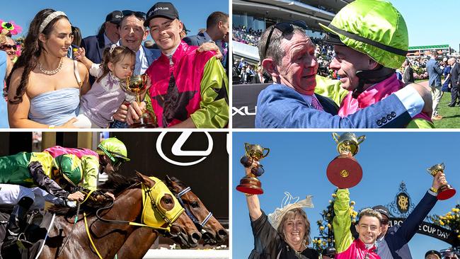 Jockey Robbie Dolan celebrates with his family and trainers Sheila Laxon and John Symons after Knight's Choice's Melbourne Cup victory.