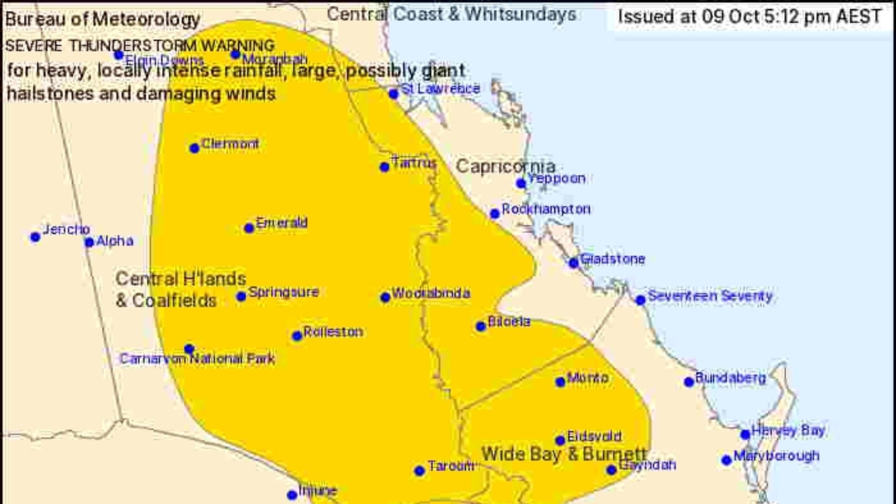 Warning for 5cm sized hail, rain, damaging wind gusts in CQ