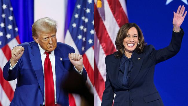 This combination of pictures created on September 9, 2024 shows former US President and Republican presidential candidate Donald Trump (L) dancing and US Vice President and Democratic presidential candidate Kamala Harris arriving onstage to speak on the fourth and last day of the Democratic National Convention (DNC). Photo by KAMIL KRZACZYNSKI and Mandel NGAN / AFP