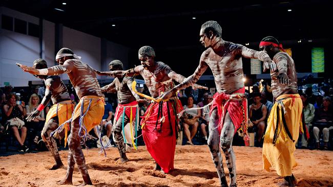 The Darwin Aboriginal Art Fair will share in $700,000 of federal funding. Pictured is the One Mob Different Country dance troupe performing at the fair back in 2018. Picture: Michael Franchi