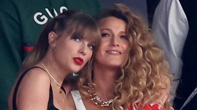 LAS VEGAS, NEVADA - FEBRUARY 11: Rapper Ice Spice, singer Taylor Swift and actress Blake Lively prior to Super Bowl LVIII between the San Francisco 49ers and Kansas City Chiefs at Allegiant Stadium on February 11, 2024 in Las Vegas, Nevada. (Photo by Steph Chambers/Getty Images)