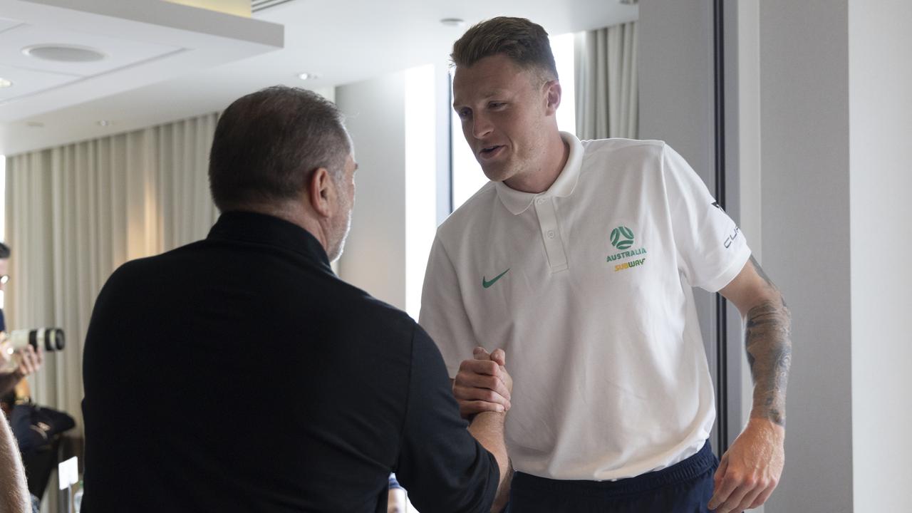 Ange Postecoglou (left) says hello to Socceroos defender Harry Souttar. Picture: Football Australia/Aleksandar Jason