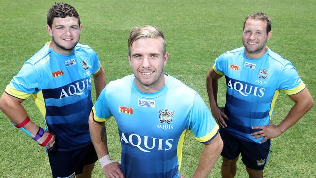 Gold Coast Titans media with new players Ashley Taylor and Tyrone Roberts who could pair up in the halves next year. Photo of (L-R) Ashley Taylor, Kane Elgey, Tyrone Roberts. Pic by Richard Gosling