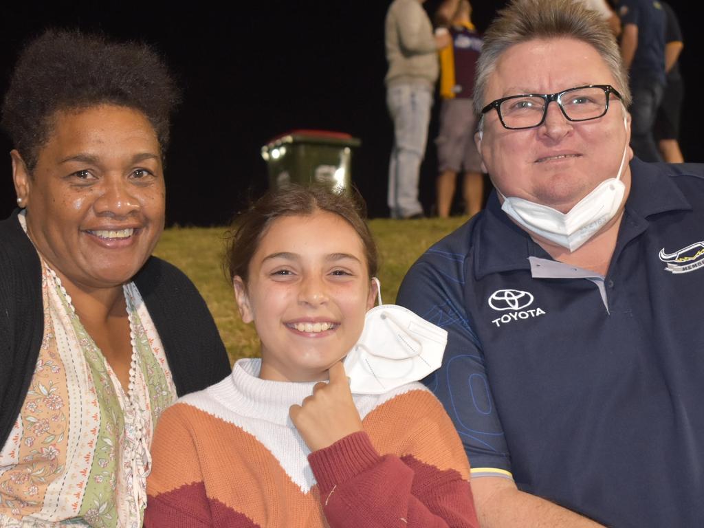 Antwinette Vanderwolf (from left), Jada Scott and Chris Vanderwolf at the Canberra Raiders v Sydney Roosters round 25 match at BB Print Stadium, September 2, 2021. Picture: Matthew Forrest